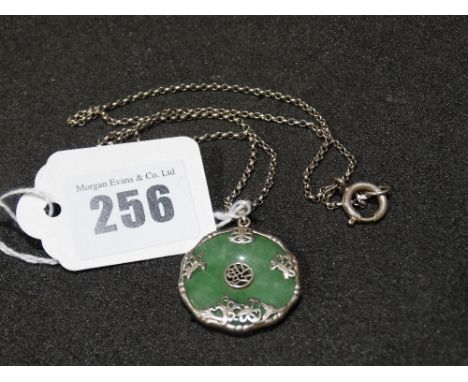     A Silver &amp; Jade Circular Pendant On A Fine Link Chain                           