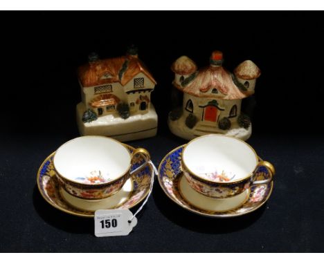     Two Reproduction Staffordshire Pottery Style Cottages, Together With A Pair Of Floral Decorated Cups &amp; Saucers       