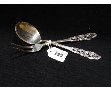     A Norwegian Silver Two Pronged Serving Fork &amp; Spoon With Scroll Pattern         