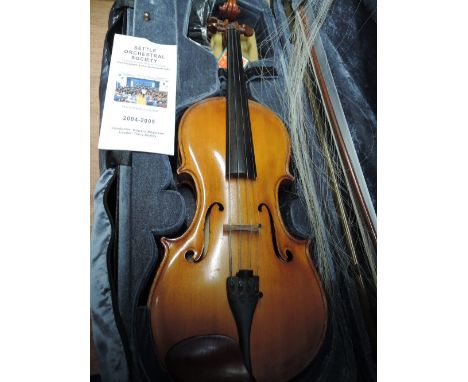 A traditional viola, labelled W D Kilburn, Gateshead, 1973, having one piece back with hard case and bows17"