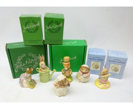 Six Beswick Beatrix Potter ceramic figures comprising: Mrs Tiggy-Winkle 1997 (gold backstamp), Amiable Guinea-Pig 2000, Hunca