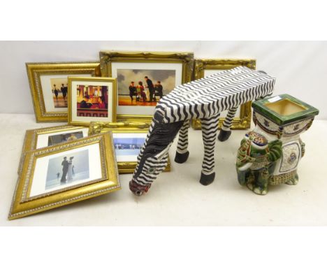 Painted wooden Zebra stool, L71cm ceramic Elephant planter and seven Jack Vetrianno prints (9) Condition Report Click here fo