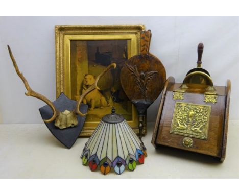 Pair Red Deer antler trophy, on ebonised shield 'Porlock 1950', Tiffany style light shade, over painted print of a seated dog