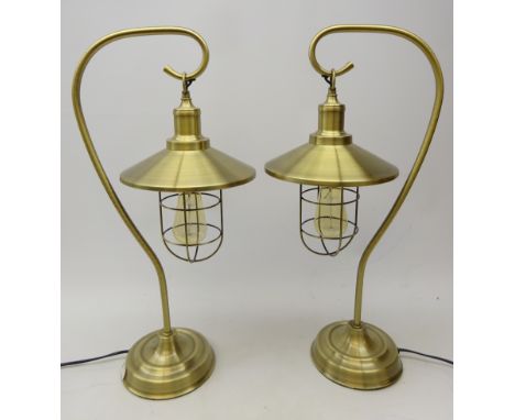 Pair lantern style brushed brass table lamps, H61cm  Condition Report Click here for further images, condition, auction times