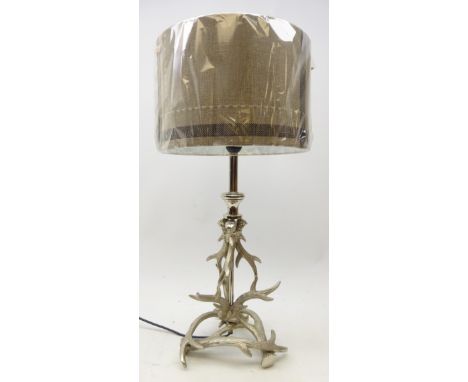 Deer Antler plated table lamp, nickel plated with grey Tartan shade, H61cm as new  Condition Report Click here for further im