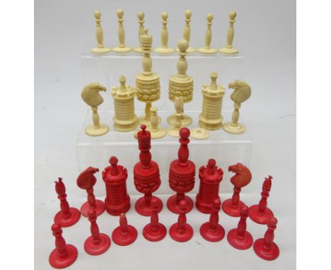 19th century Red stained bone and natural chess set, lacks white bishop, H11.5cm max Condition Report Click here for further 