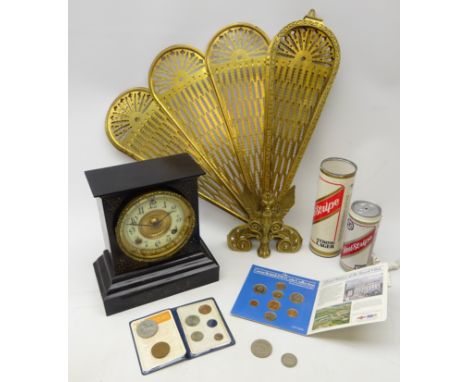 Late 19th century slate mantle clock, Ansonia Clock Company twin train 8-day movement striking the half hours on coil, brass 