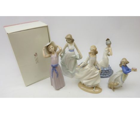 Two Lladro figures: Cinderella 4828 and girl in hat with three Nao figures (5) Condition Report Click here for further images