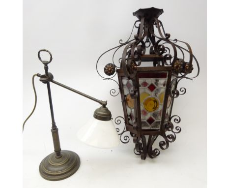 Period style adjustable patinated brass table lamp with glass shade and hexagonal cast metal hanging lantern, scroll supports