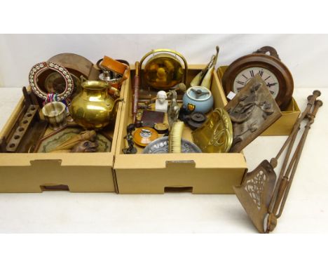 Victorian snuff boxes, Carlton Ware tobacco jar, brass table gong, 19th century carved panel, African bead and shell work nec