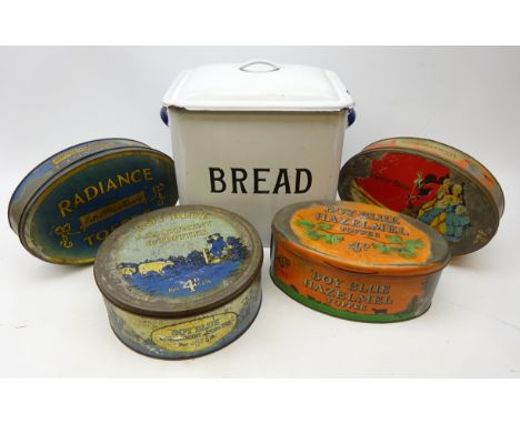 Vintage enamel bread bin & cover, early 20th century clothes line and pegs and four vintage Toffee tins  Condition Report Cli