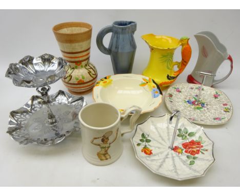 Art Deco and later ceramics comprising 1930s Burleigh ware Parrot jug, Crown Devon 'Leaf' jug, Wade Heath jug, Ceramique vase