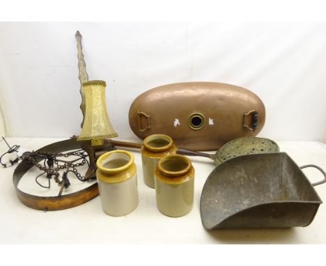 Beaten copper circular three light centre light fitting, D46cm (re-wired), heavy cast metal Dutch wall sconce with vellum sha