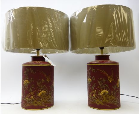 Pair of Chinoiserie decorated canister style table lamps with beige shades, H65cm by Pacific Lighting, as new (2) Condition R