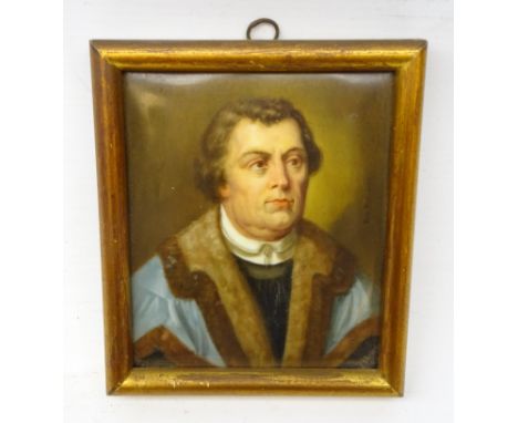 Vienna porcelain plaque painted with a half length portrait of Martin Luther, signed Rob Pilz Pink, titled verso Luther with 