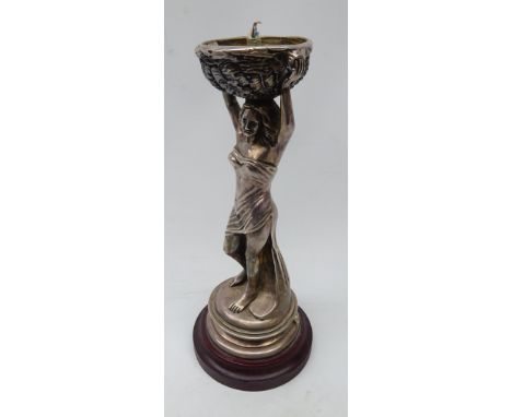 WMF style filled silver table lamp modelled as a maiden holding grape vines aloft on wooden plinth, stamped CAO, 925 silver 9