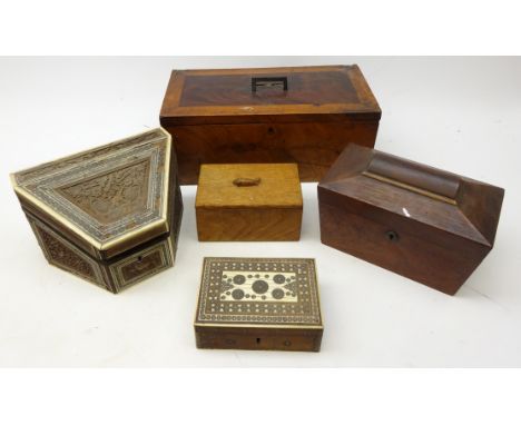 'Fishman' oak box by Derek Slater of Crayke, L15cm, Anglo Indian carved and inlaid stationary box, smaller matching box, 19th
