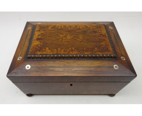 Victorian rosewood sarcophagus shaped tea caddy, burr scrolled inlay and peacock design, bun feet & ring handles, L29cm  Cond