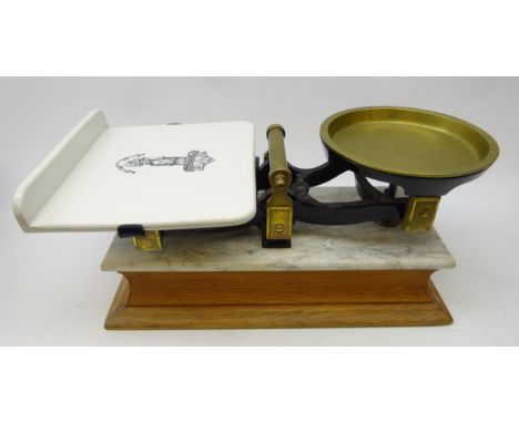 Set of Victorian counter top scales, cast iron frame with brass and ceramic plate on oak and marble rectangular base and glaz