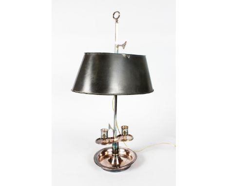 A 19th CENTURY STUDENT'S TOLE WARE LAMP with chrome plated base.