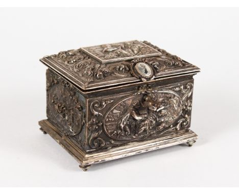 A 19th CENTURY FRENCH SILVERED JEWELLERY CASKET AND COVER, the lid with a woman playing a mandolin. 5ins long.