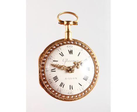A SUPERB 18th CENTURY FRENCH GOLD VERGE WATCH by GLAESNER A LYON with white enamel dial, black Roman numerals surrounded by s