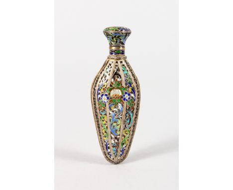 A LOVELY SILVER AND ENAMEL SCENT BOTTLE "ISLAMIC" with scroll and floral decoration. 9.5cms long.