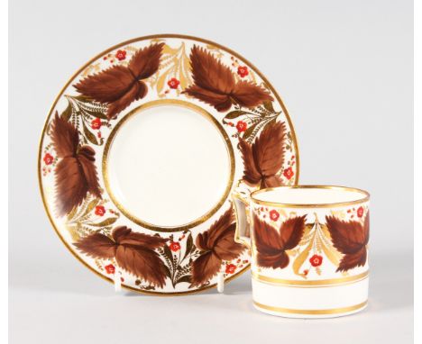 A WORCESTER FLIGHT BARR AND BARR COFFEE CAN AND SAUCER painted with brown leaves and red flowers.