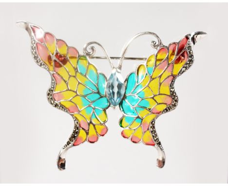 A SILVER AND BLUE TOPAZ PLIQUE ENAMEL BUTTERFLY BROOCH.