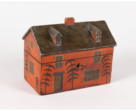 A GOOD GEORGIAN PAINTED WOOD TWO DIVISION HOUSE TEA CADDY, the lid as a roof with two gable windows and chimney, the front an