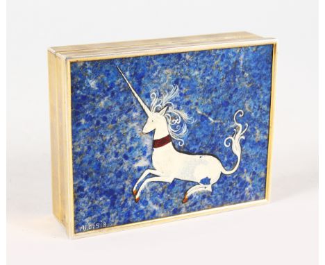 A SUPERB SILVER GILT SNUFF BOX, the lapis lazult top inset with a unicorn and signed ALOISIA. 9cms long, 7cms wide.