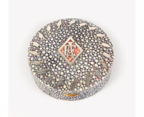 A FRENCH SILVER AND SHAGREEN CIRCULAR PATCH BOX. 5cms diameter, the lid initialled A. E.