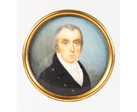 EARLY 19th CENTURY FRENCH SCHOOL (CIRCA 1840). A CIRCULAR PORTRAIT OF A MAN, head and shoulders wearing a black coat and whit