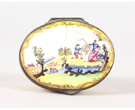 A BATTERSEA YELLOW ENAMEL OVAL PILL BOX, the lid  with a farmer and sheep in a landscape. 5cms long.