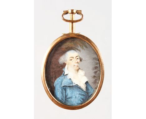 18th CENTURY FRENCH SCHOOL (CIRCA 1760). Portrait half length of a man with outswept hair, white cravat and blue coat in a la