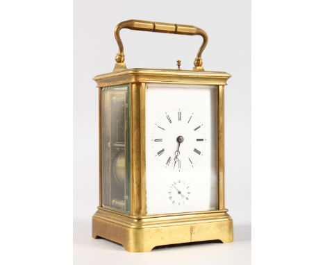 A 19TH CENTURY BRASS CARRIAGE CLOCK with alarm and repeat action, with single bell. Stamped AIGUILLES.  AIGUILLES DE REVEIL, 