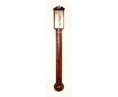 A GOOD GEORGE III MAHOGANY STICK BAROMETER BY DOWNES, YARMOUTH, with silvered dial and herring bone inlay. 3ft 2ins high.