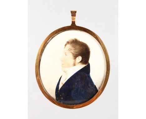 EARLY 19th CENTURY FRENCH SCHOOL (CIRCA 1840). AN OVAL PORTRAIT OF A YOUNG GENTLEMAN wearing a dark coat and high cravat. 5.5