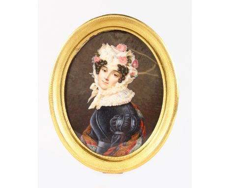 CONTINENTAL SCHOOL (CIRCA 1820-1830). A SUPERB OVAL PORTRAIT OF A YOUNG LADY wearing a white bonnet with roses and a blue gow
