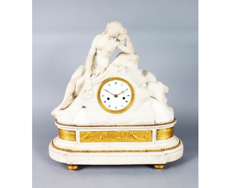 A SUPERB LOUIS XVIth CARVED WHITE MARBLE CLOCK with white enamel dial, black Roman numerals and eight day movement, the case 