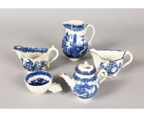 AN 18th CENTURY STUDY SELECTION OF CAUGHLEY BLUE AND WHITE comprising a miniature teapot and cover, a wine taster, two low Ch