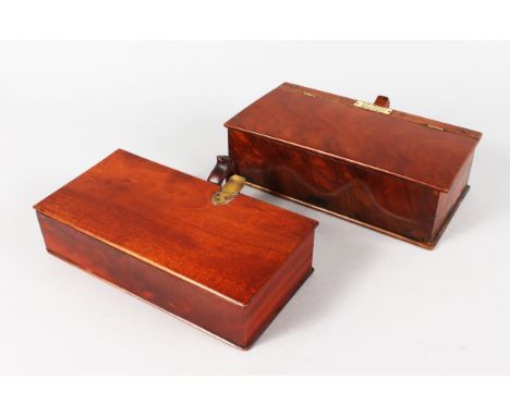 A THREE DIVISION MAHOGANY CIGARETTE BOX BY G. R. RANDALL MANSFIELD, 11ins long, and another with handles, 10ins long (2).