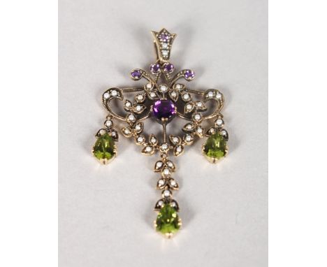 A 9CT GOLD AMETHYST, PERIDOT AND PEARL DROP PENDANT.