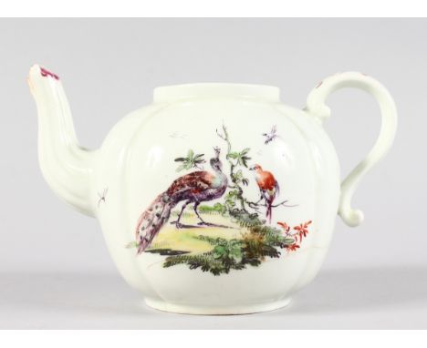 AN 18TH CENTURY DERBY RARE QUATRE LOBED TEAPOT, painted with a peacock and another bird, label for Godden reference collectio