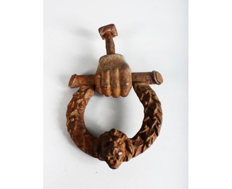 A HEAVY VICTORIAN CAST IRON DOOR KNOCKER.