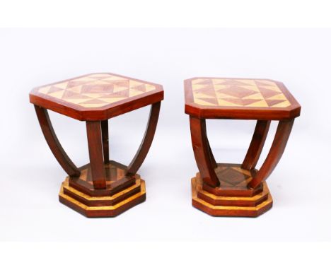 A PAIR OF ART DECO DESIGN LAMP TABLES with inlaid tops on curving legs with stepped base. 1ft 8ins wide, 1ft 10ins high.