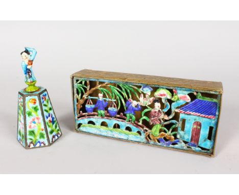 A CHINESE BRASS AND ENAMEL THREE DIVISION BOX and a BELL.