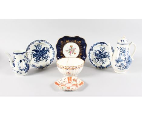 AN 18TH CENTURY WORCESTER FENCE PATTERN COFFEE POT AND COVER, a Worcester Mansfield coffee pot, two Worcester pinecone plates