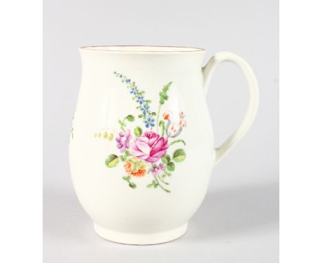 AN 18TH CENTURY WORCESTER FINE BELL SHAPED MUG painted with colourful flowers.