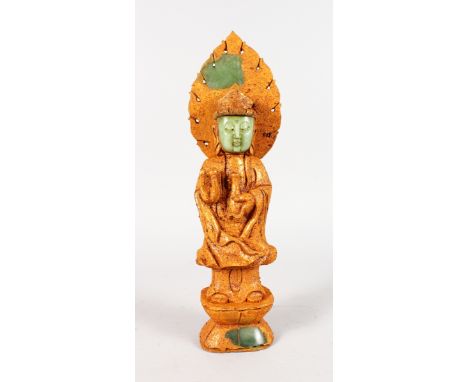 A JADE AND GILT METAL FIGURE OF GUANYIN. 15ins high.